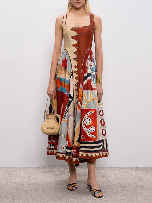 Unique Artistic Abstract Print Midi Dress