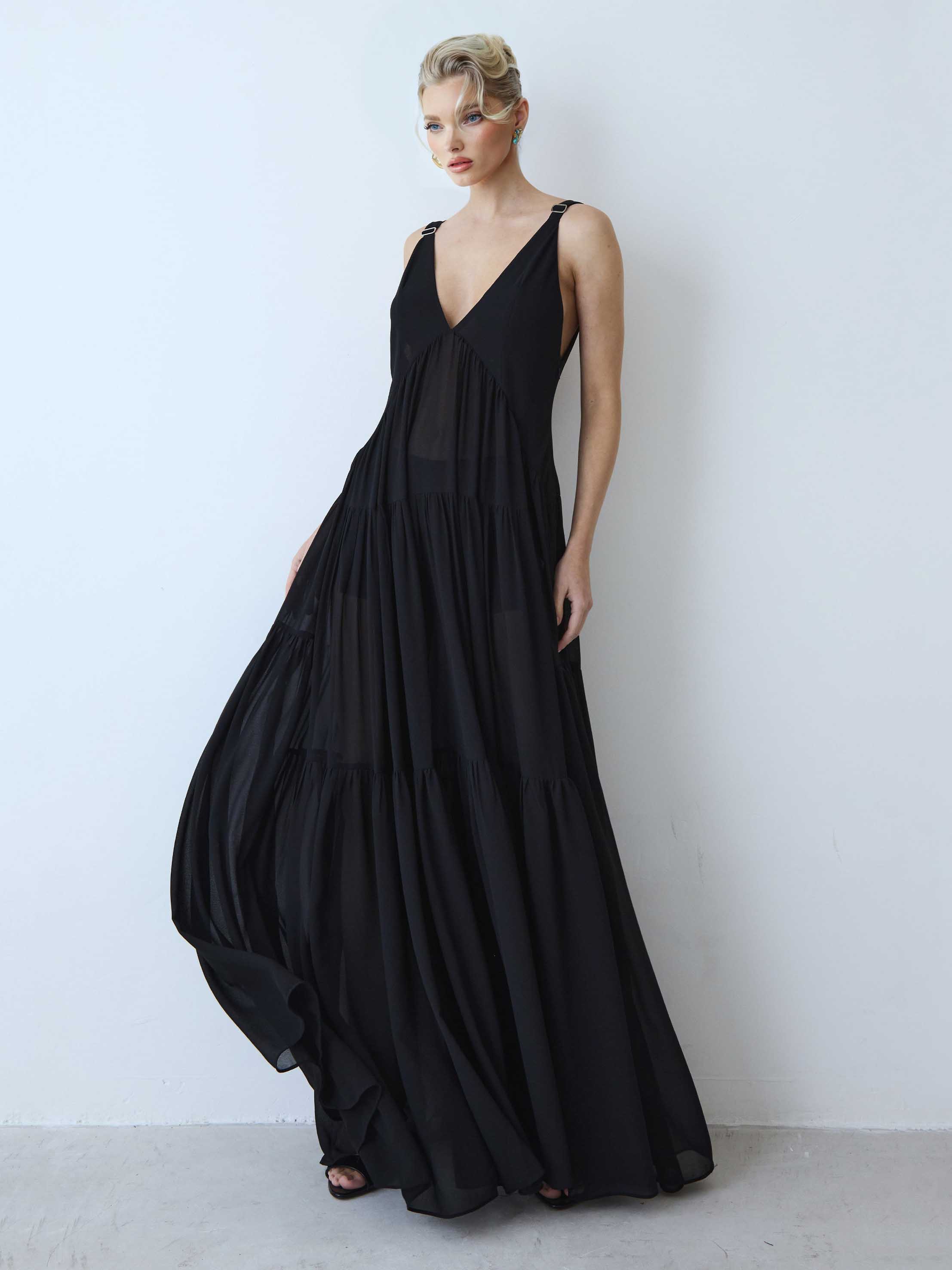 Exquisite V-neck Layered Chiffon Maxi Dress