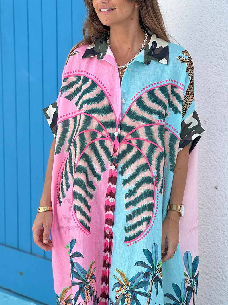 Unique Tung Palm Print Single-Breasted Shirt Maxi Dress