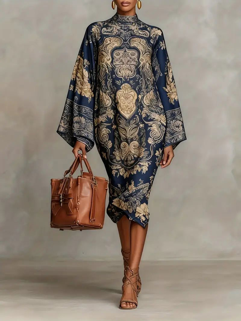 Retro Paisley Print Round Neck Flared Sleeve Midi Dress