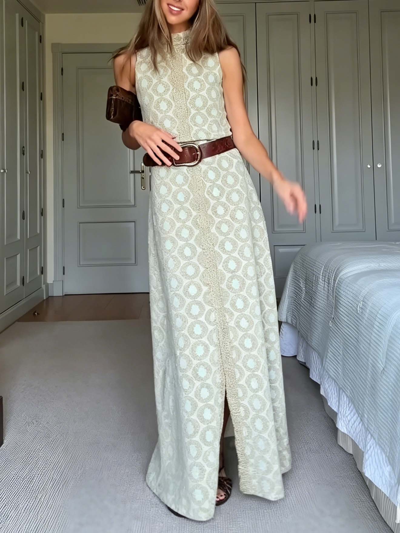 Elegant Geometric Print High Neck Slit Maxi Dress