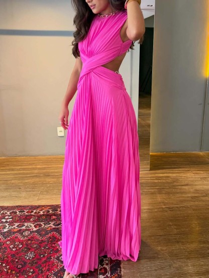 Elegant Pleated Cut-Out Waist Maxi Dress