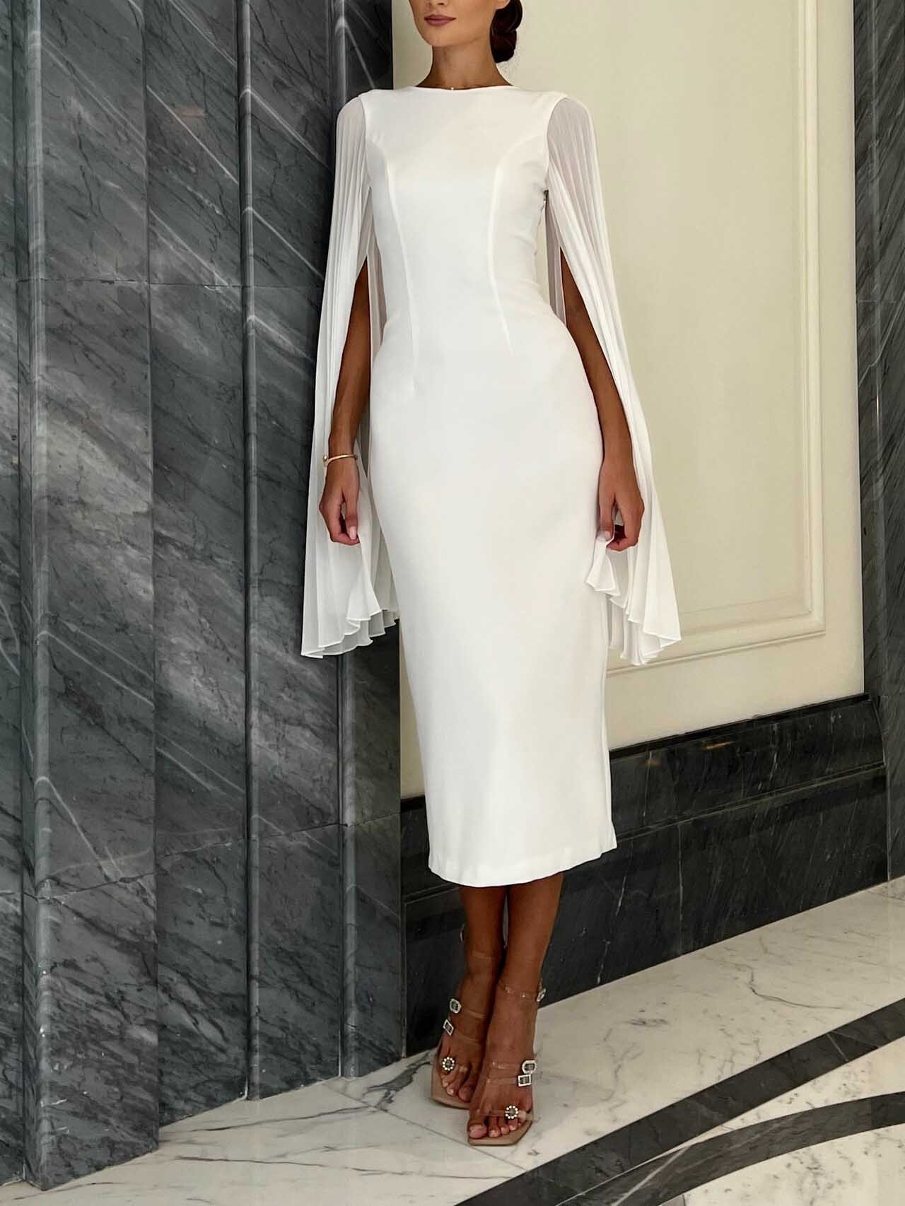 Elegant Pleated Cape Sleeve Midi Dress
