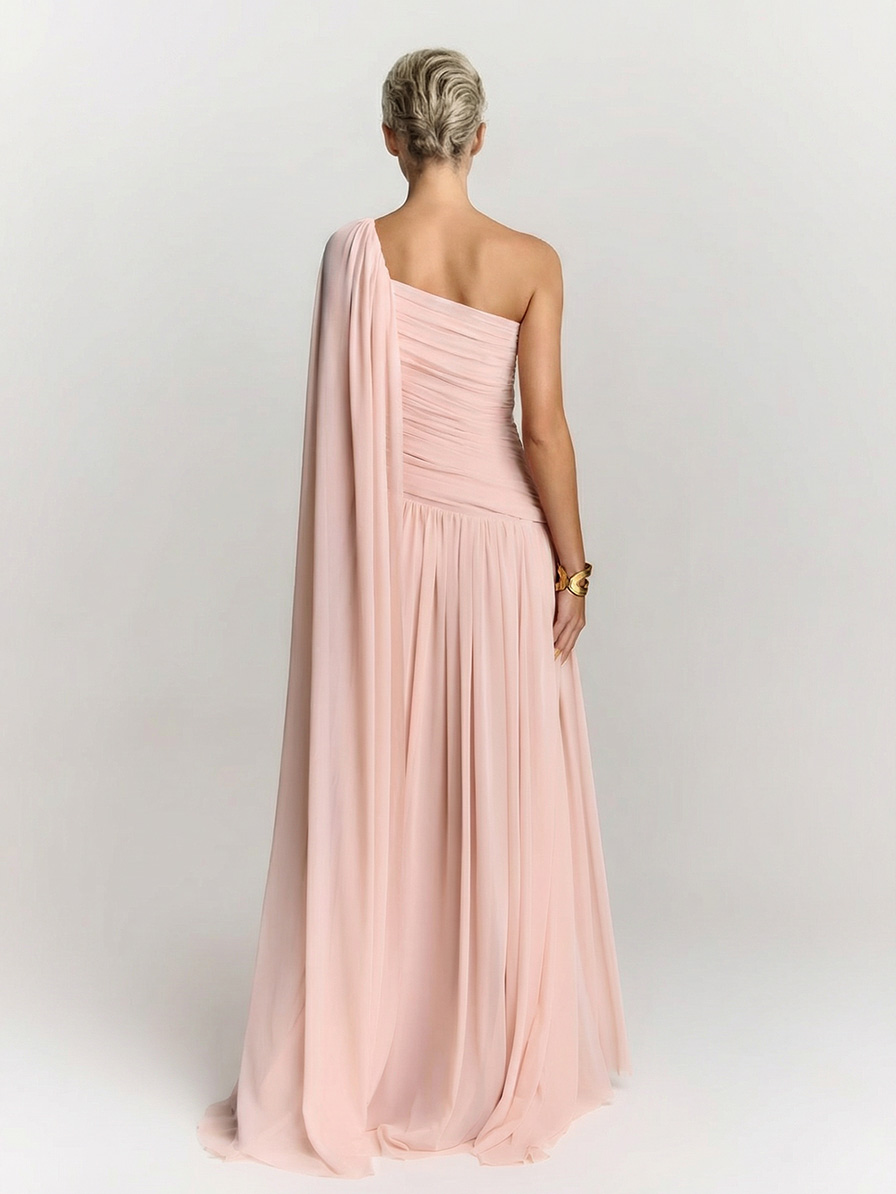 Elegant One-Shoulder Ruched Chiffon Maxi Dress