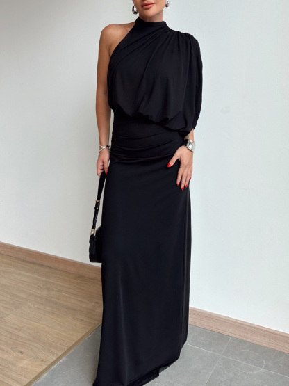 Elegant One-shoulder Black Stand-up Collar Maxi Dress