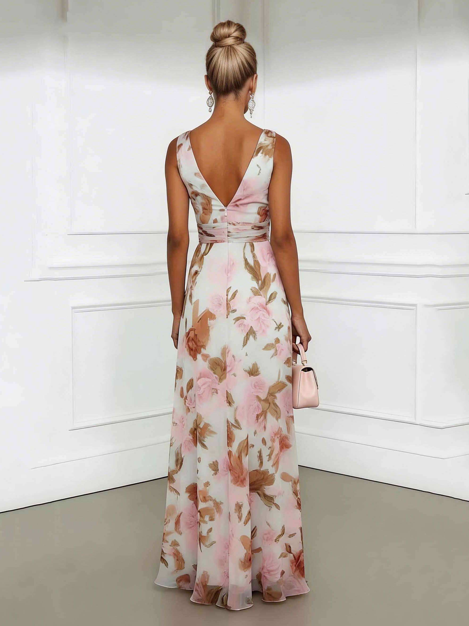 Elegant Pastel Print V-Neck Tie-Waist Slit Maxi Dress