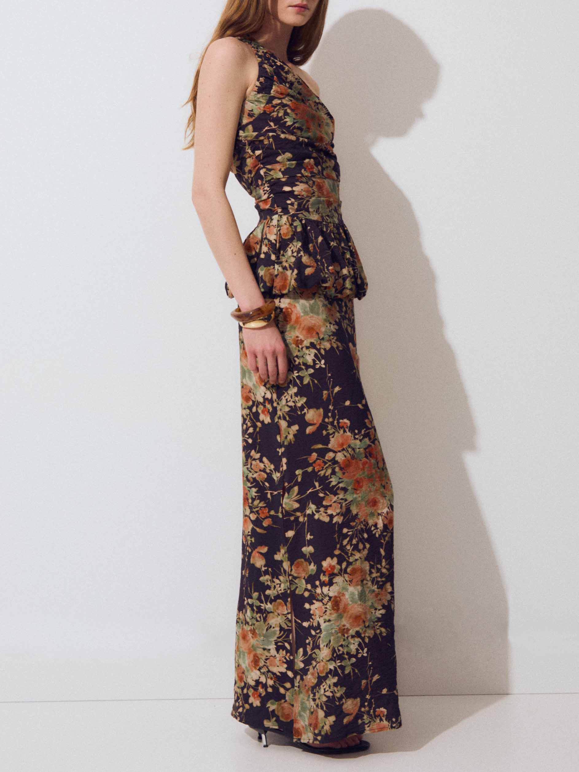 Retro Print One-Shoulder Ruffle Top & Midi Skirt Two-Piece Set