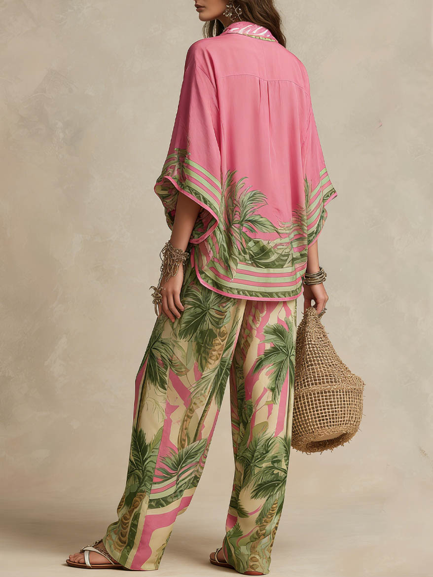 Bohemian Tropical Print High-Waist Wide-Leg Pants