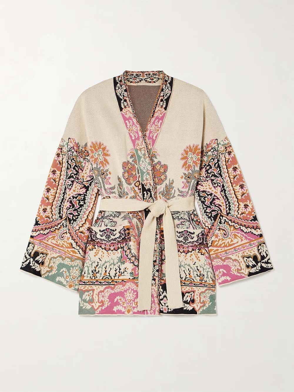Classic Unique Print Belted Cotton-Linen Jacquard Cardigan