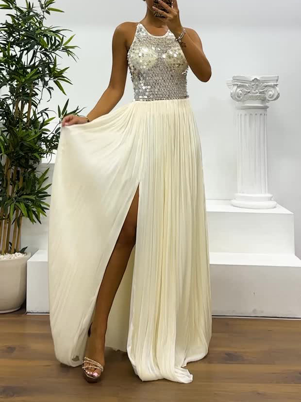 Elegant Sequined Pleated High Slit Maxi Dress