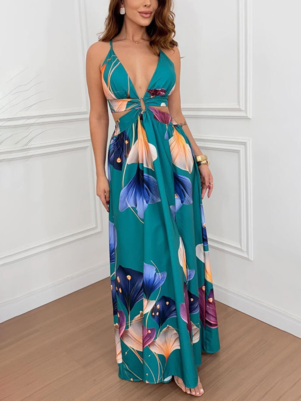 Bohemian Green Backless Printed Slit Party Maxi Dress