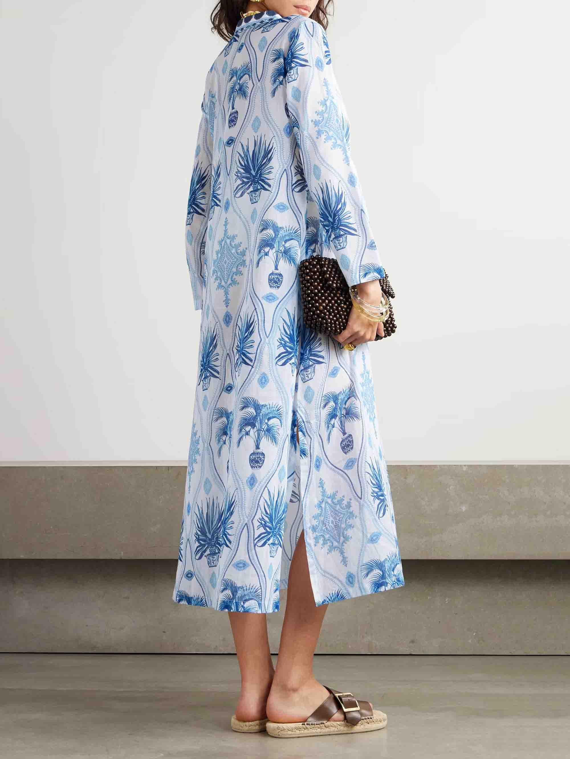 Elegant Blue Tropical Botanical Print Kaftan Dress