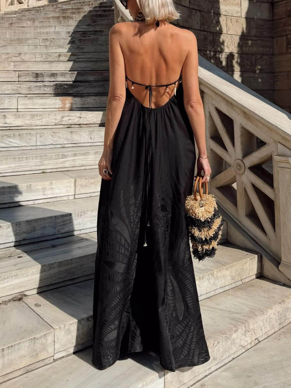 Boho Jacquard Backless Spaghetti Strap Maxi Dress