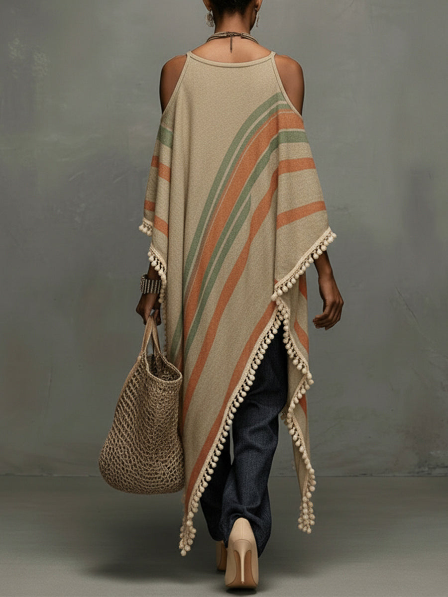 Casual Striped Tassel Asymmetric Shawl Top Two-Piece Set