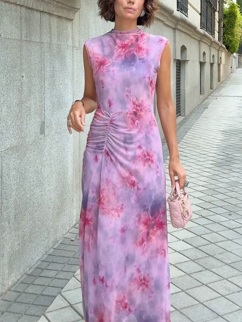 Retro Gradient Floral Mesh Print Slim Maxi Dress