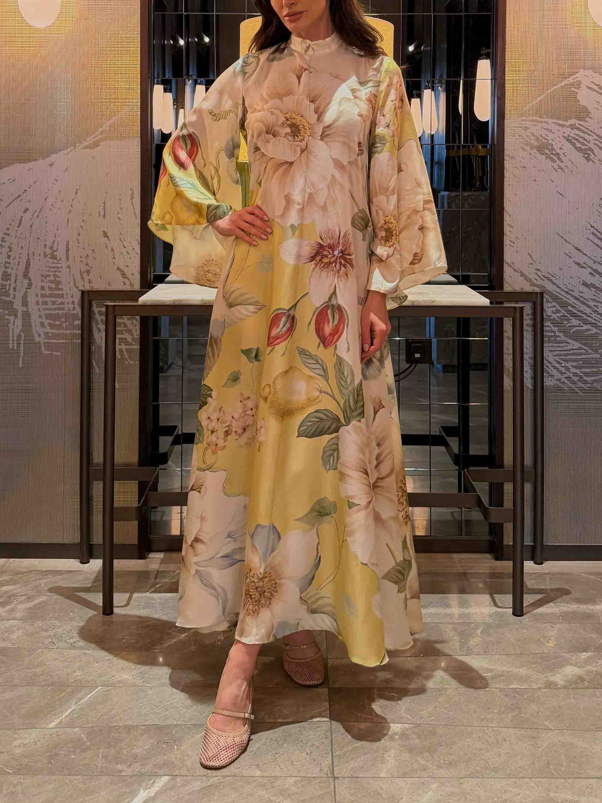 Elegant Floral Print Bell Sleeve Maxi Dress