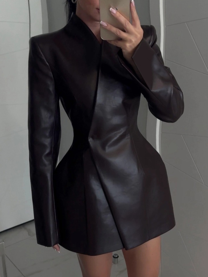 Elegant Leather Slim-fit Double-breasted Blazer