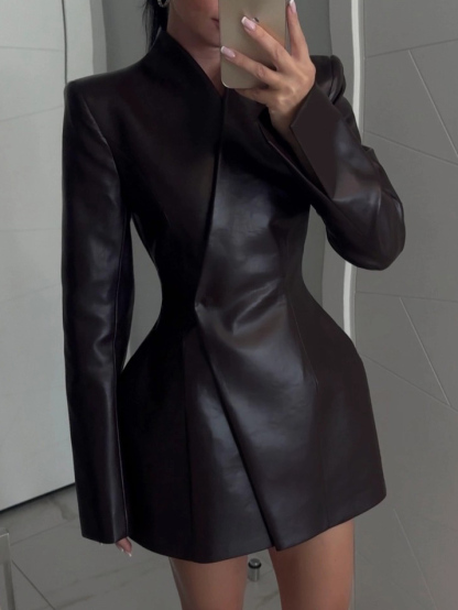 Elegant Leather Slim-fit Double-breasted Blazer