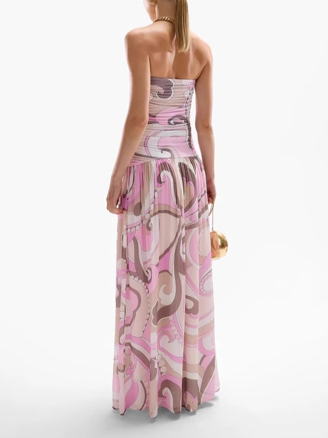 Elegant Swirl Vintage Print Drop Waist Maxi Dress