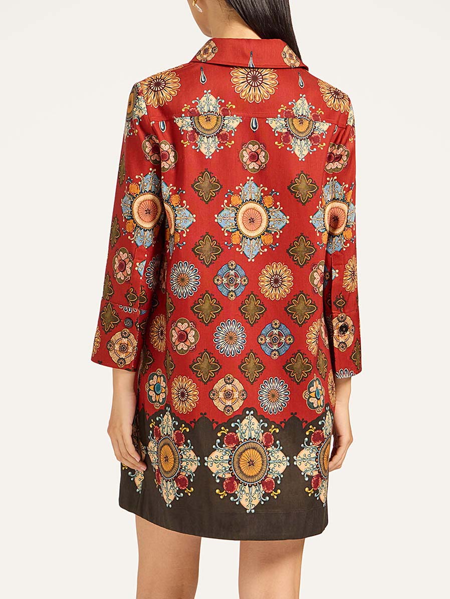 Elegant Satin Printed Shirt-neck Long-sleeved Mini Dress