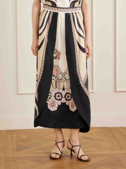 Elegant Satin Abstract Print Asymmetrical Top & Skirt Two-Piece Set