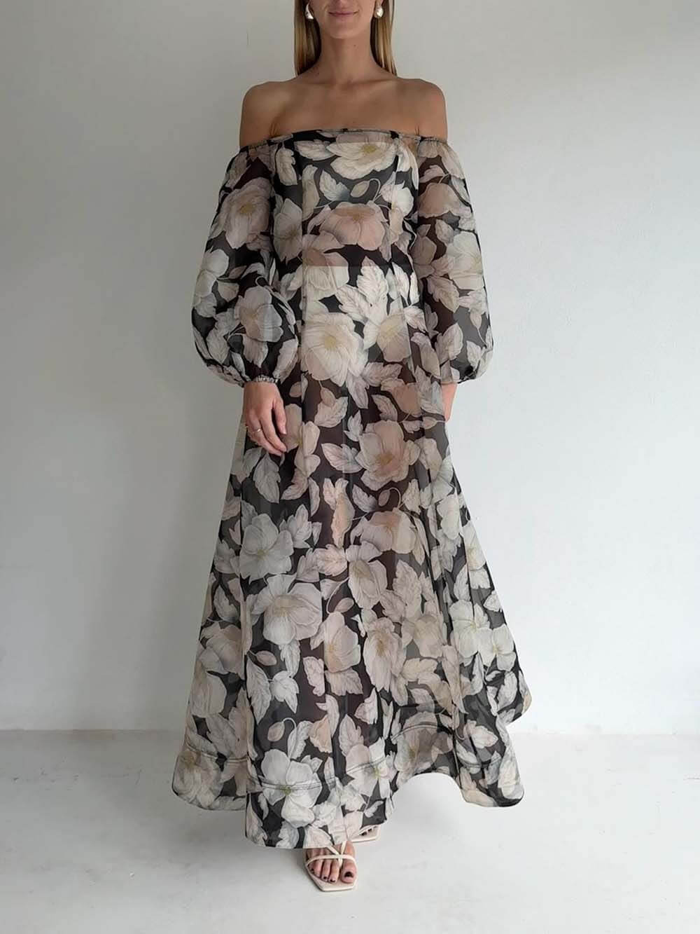 Elegant Off-Shoulder Printed Puff Sleeve Maxi Dress