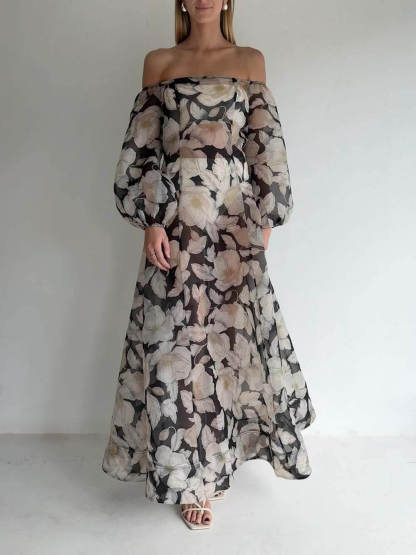 Elegant Off-Shoulder Printed Puff Sleeve Maxi Dress