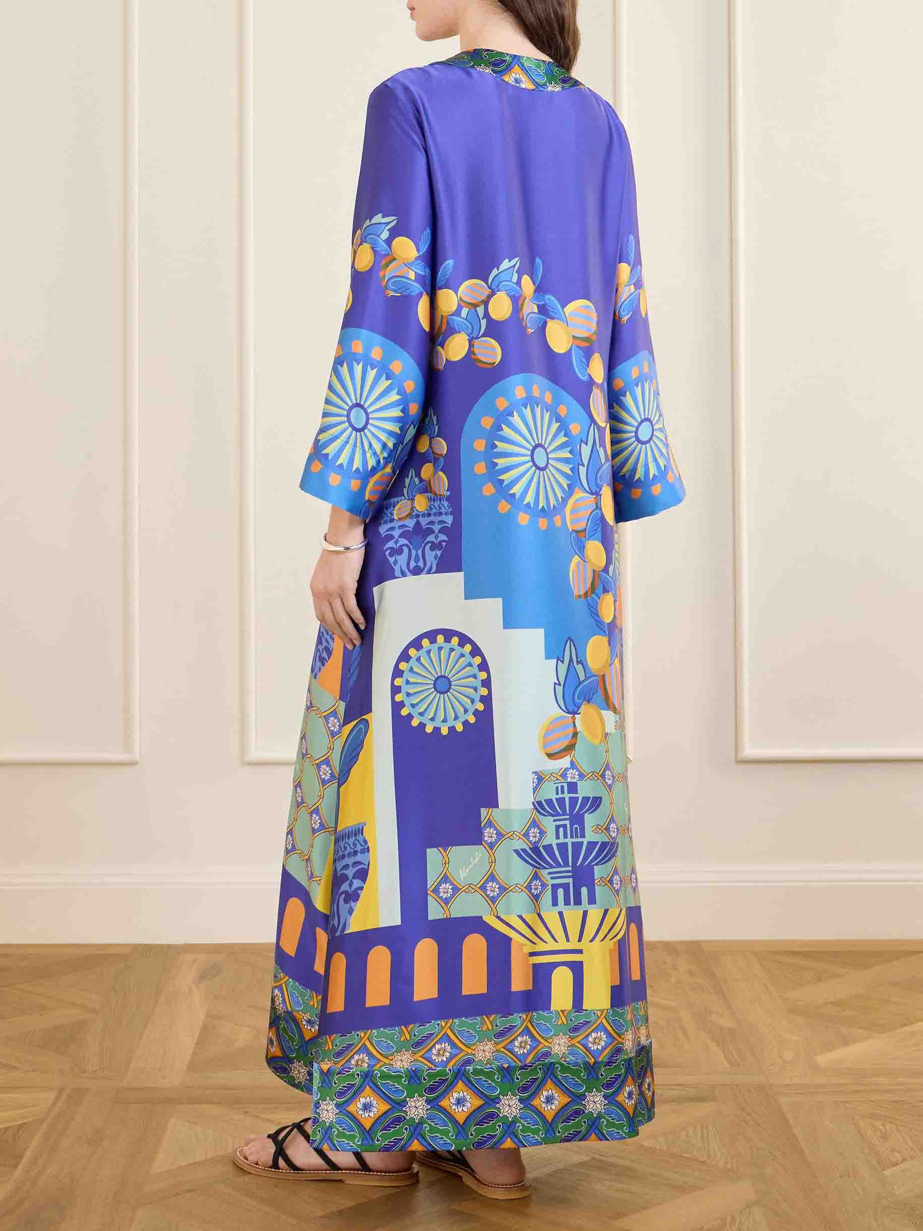 Unique Painted Print Satin Kaftan Maxi Dress