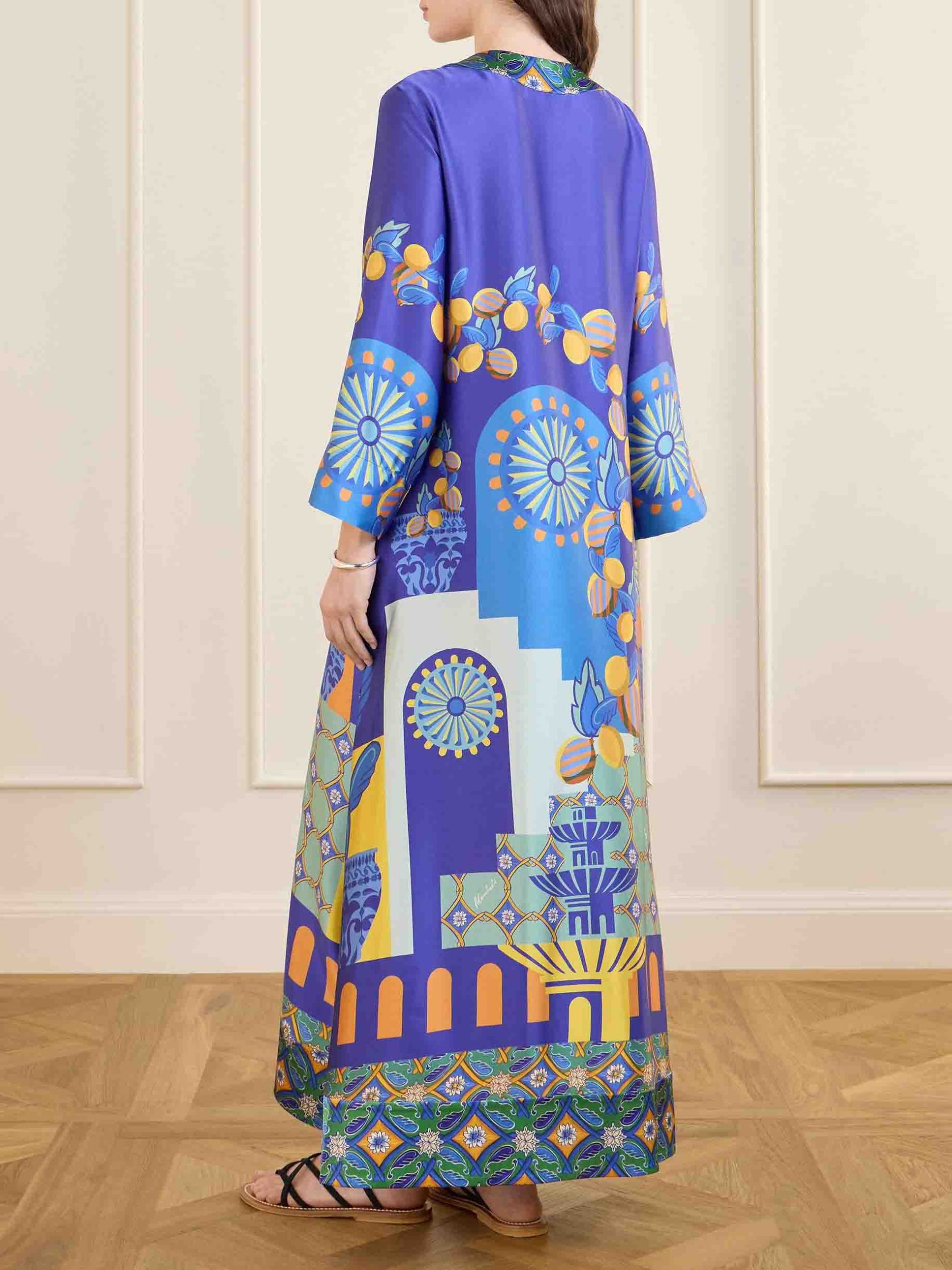 Unique Painted Print Satin Kaftan Maxi Dress