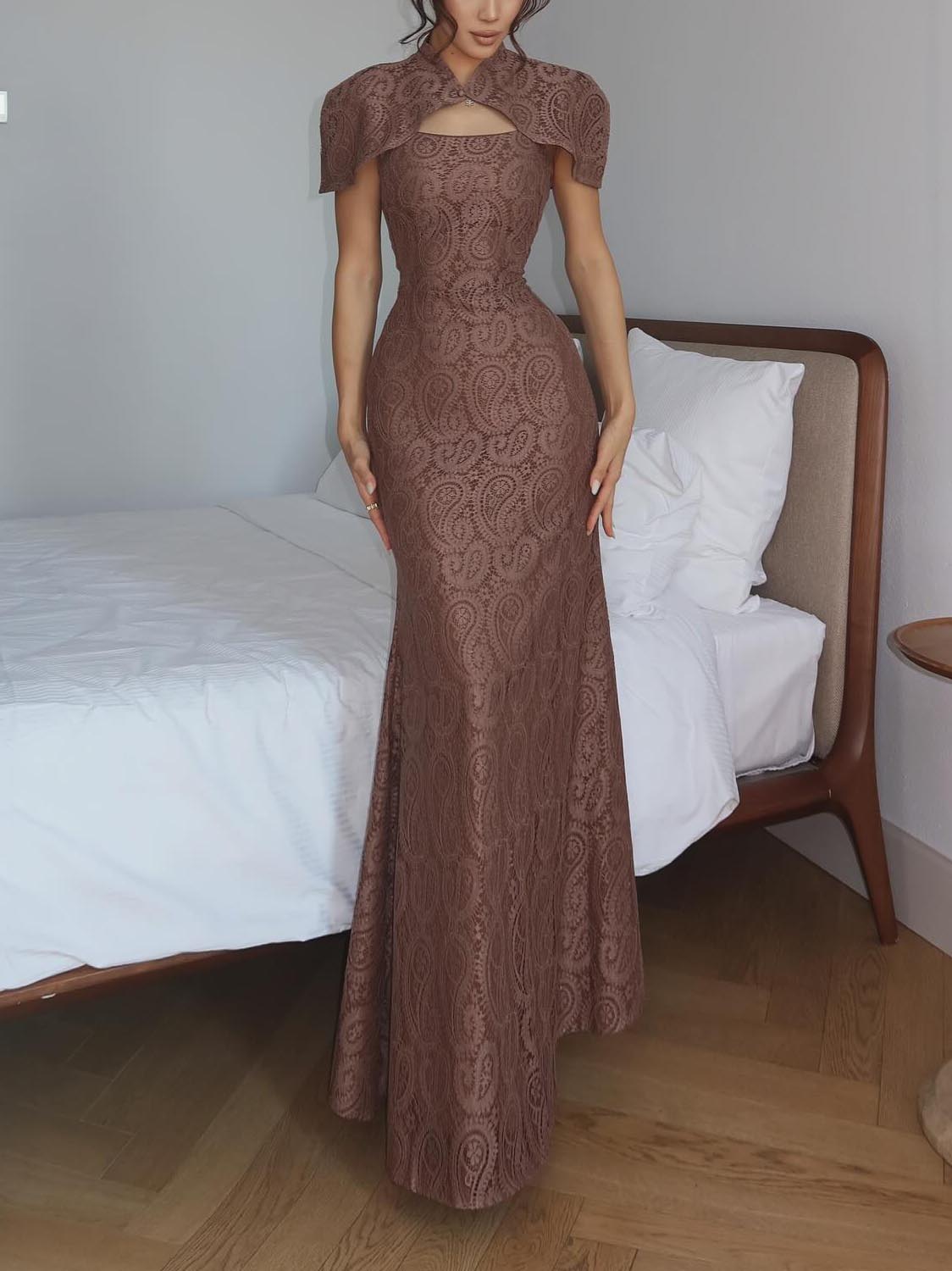 Elegant Lace Cape-Neck Fitted Maxi Dress