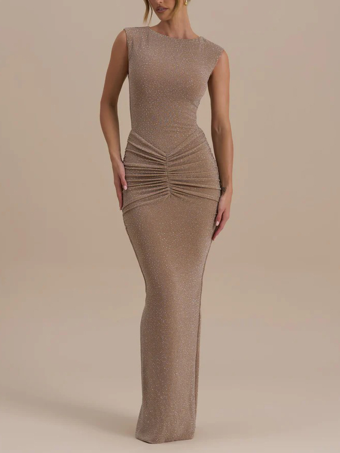 Elegant Sleeveless Shimmery Ruched Bodycon Maxi Dress