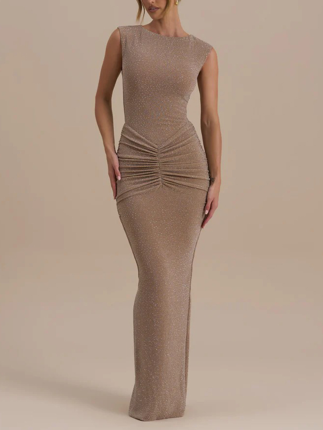 Elegant Sleeveless Shimmery Ruched Bodycon Maxi Dress