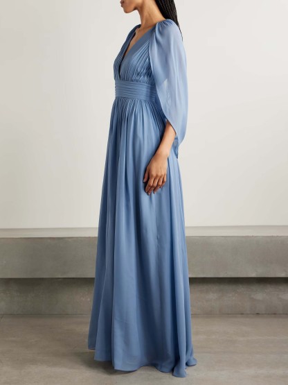 Elegant V-neck Cape Pleated Maxi Dress