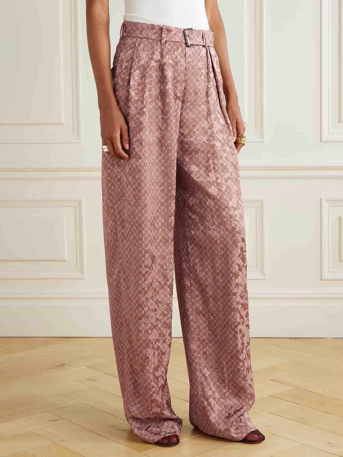 Retro Exquisite Geometric Print High Waist Tie Wide Leg Pants