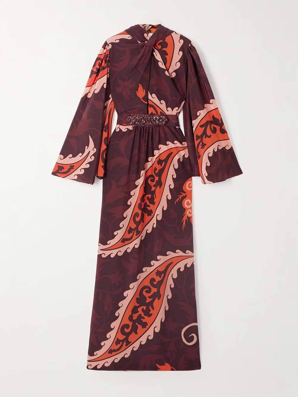 Unique Vintage Paisley Print Satin Belted Maxi Dress