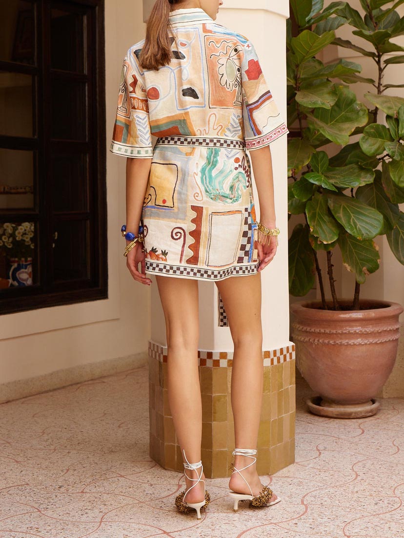 Unique Abstract Art Print Belted Shirt Dress