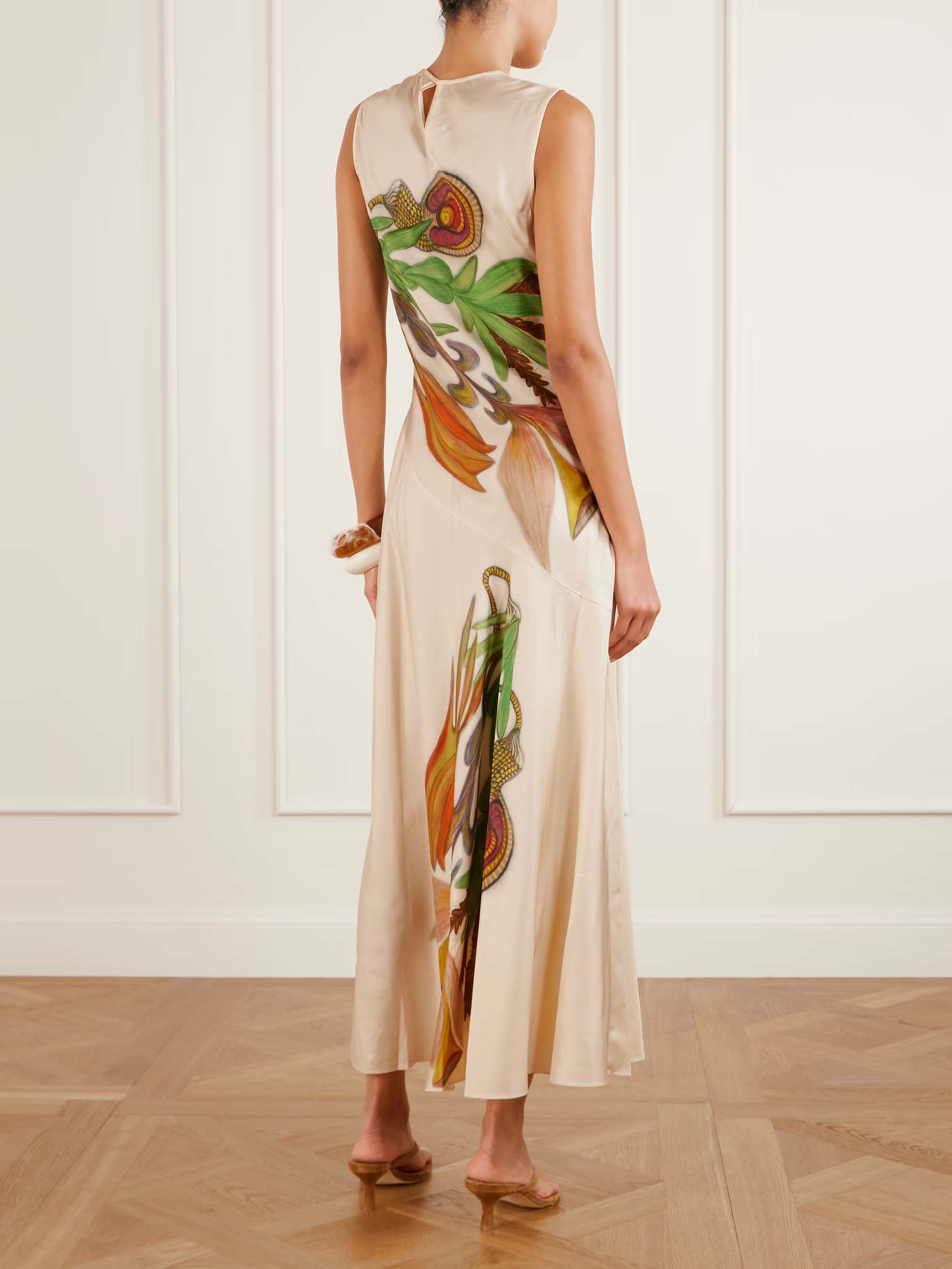 Elegant Satin Printed Sleeveless Maxi Dress