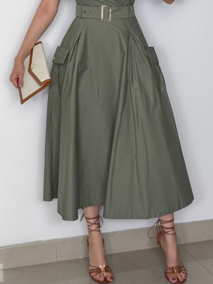 Casual Notched Collar Short-Sleeve Tie-Waist Shirt Midi Dress