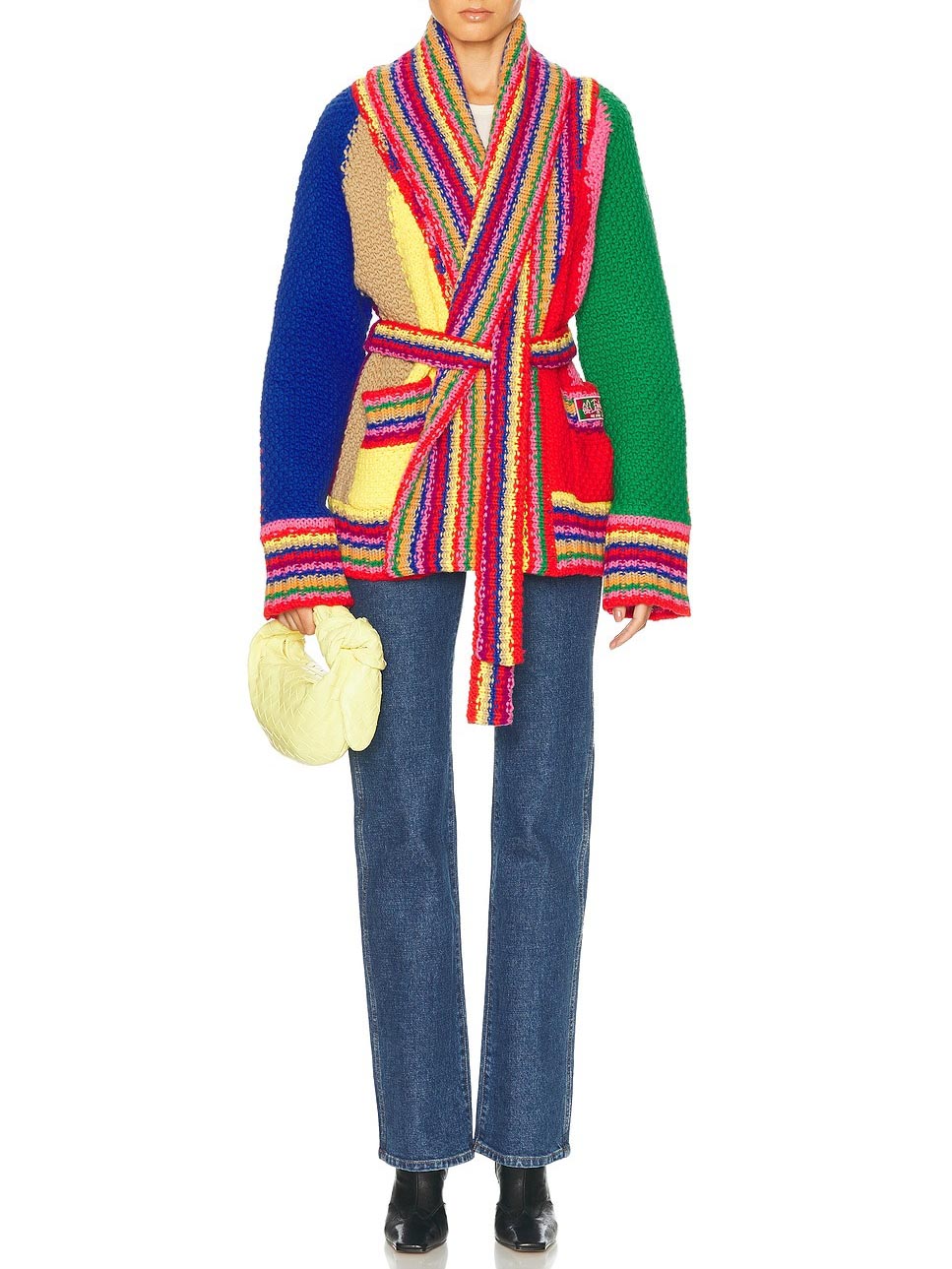 Unique Color-Block Hand-Knitted Belted Cardigan