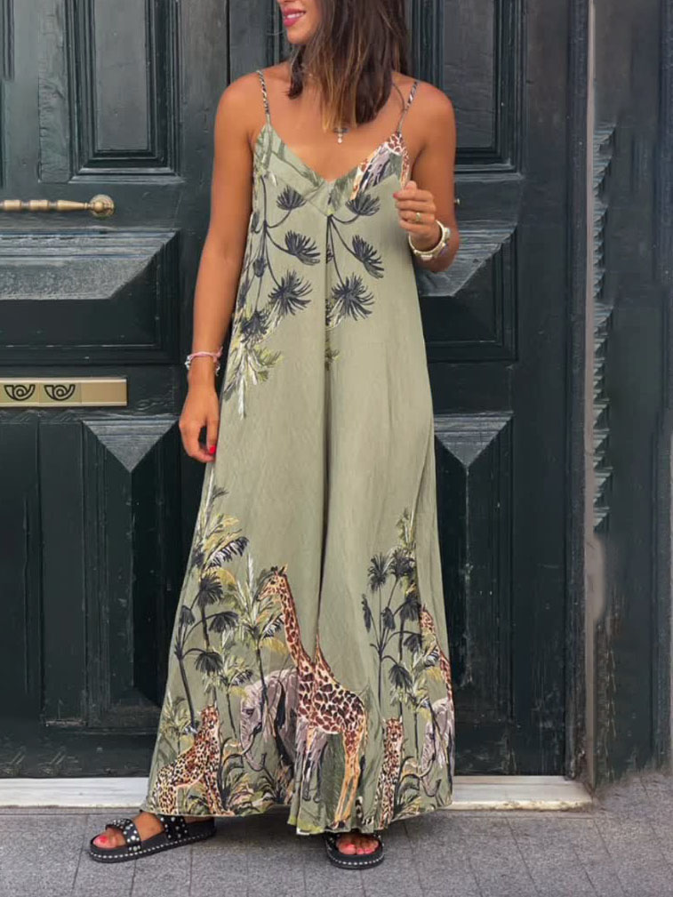 Tropical Giraffe Palm Tree Print Sleeveless High-Waist Jumpsuit