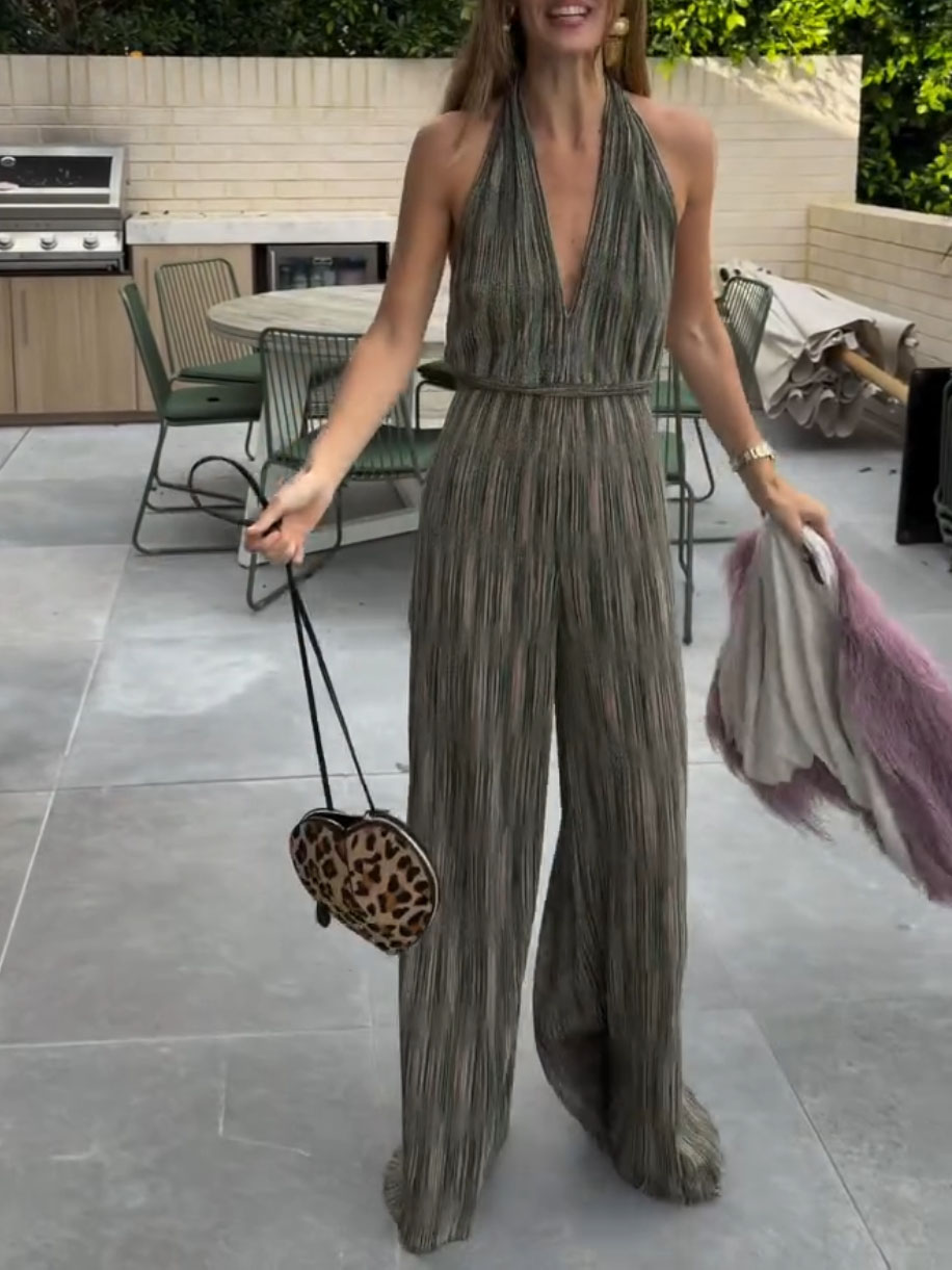 Elegant Shimmer Backless Wide Leg Jumpsuit