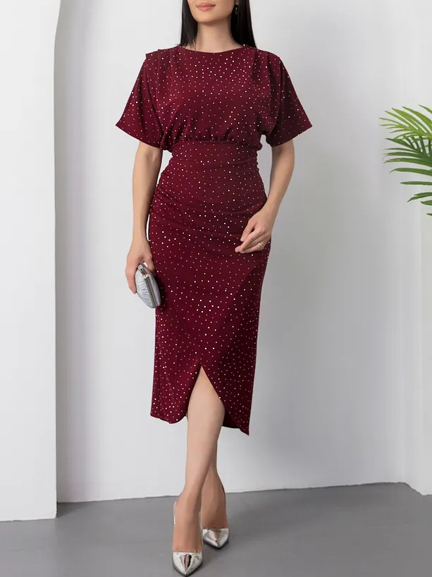 Elegant Round Neck Silver Polka Dot Print Slit Dress