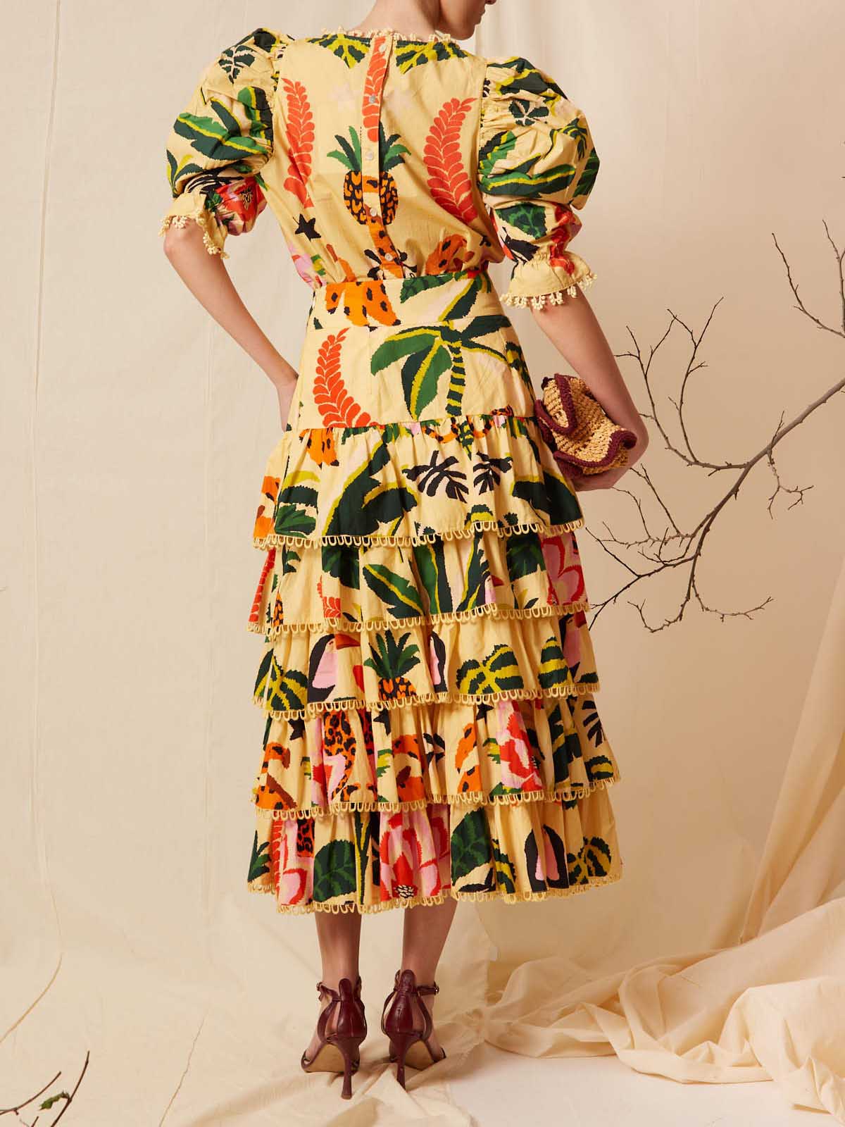 Elegant Tropical Print Puff Sleeve Ruffle Two-Piece Set