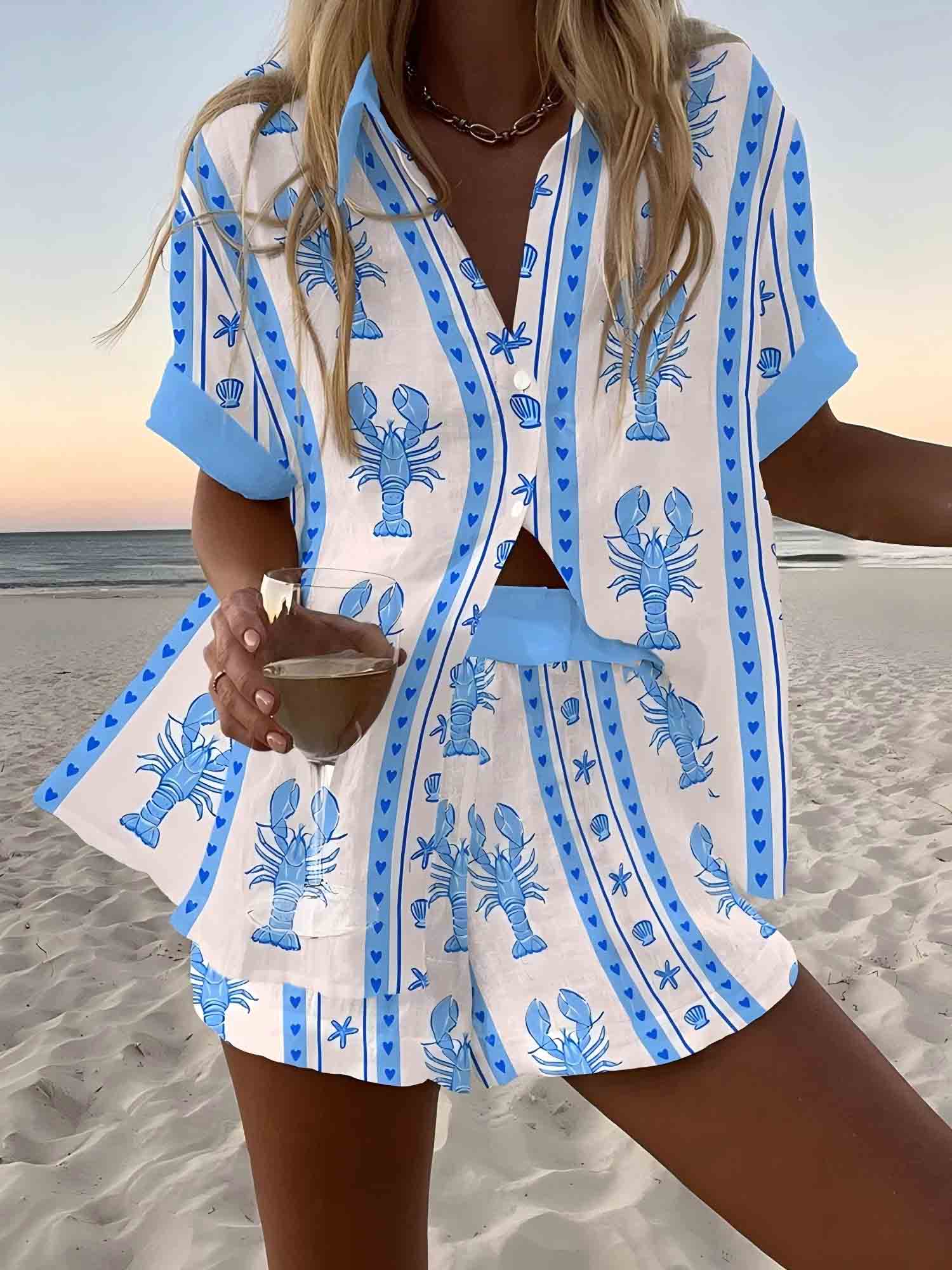 Casual Vacation Lobster Print Shorts Two-Piece Set