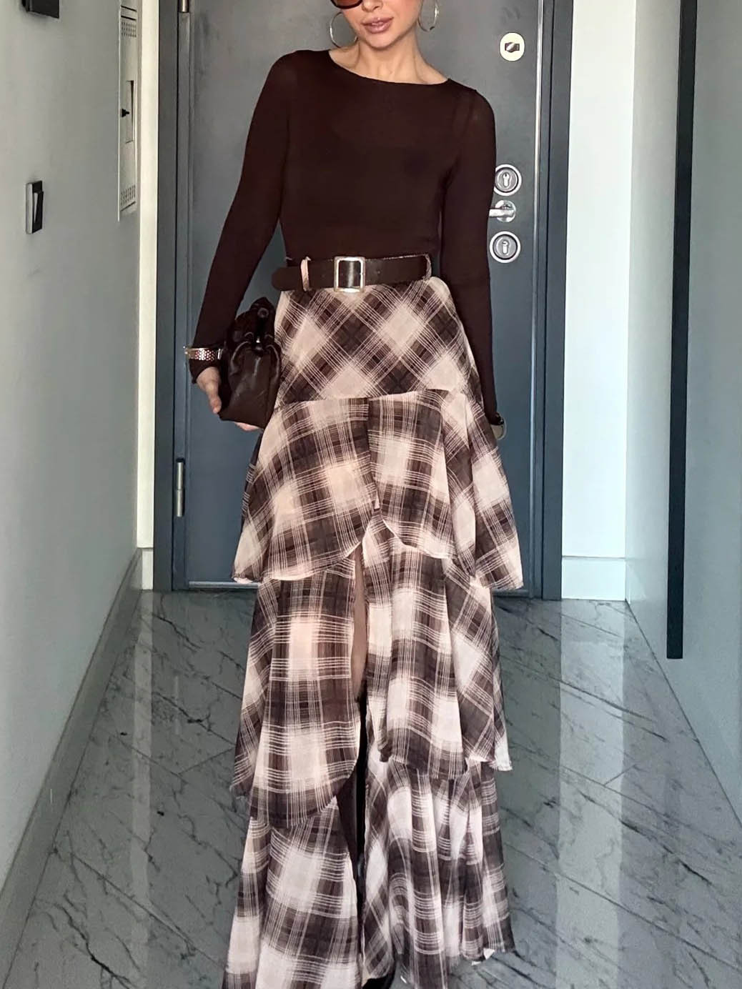 Retro Plaid Layered Ruffle Skirt Two-piece Set