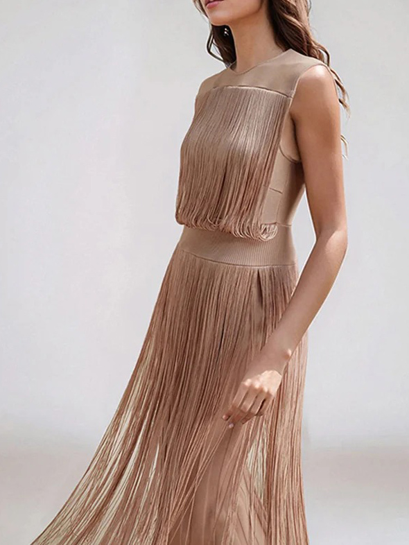 Elegant Sleeveless High Waist Slim Tassel Midi Dress