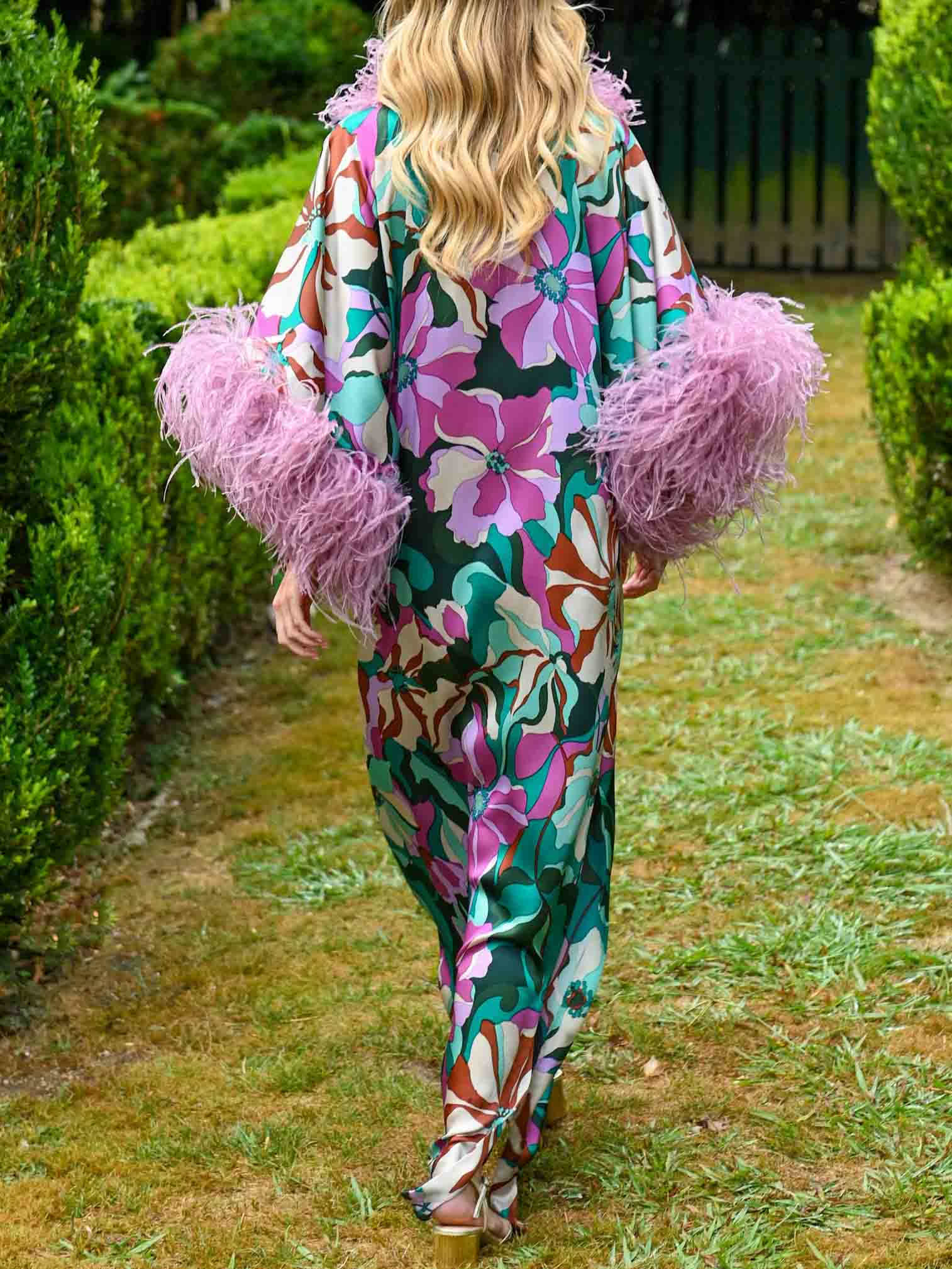 Elegant Floral Print Feather Cuff Satin Maxi Dress