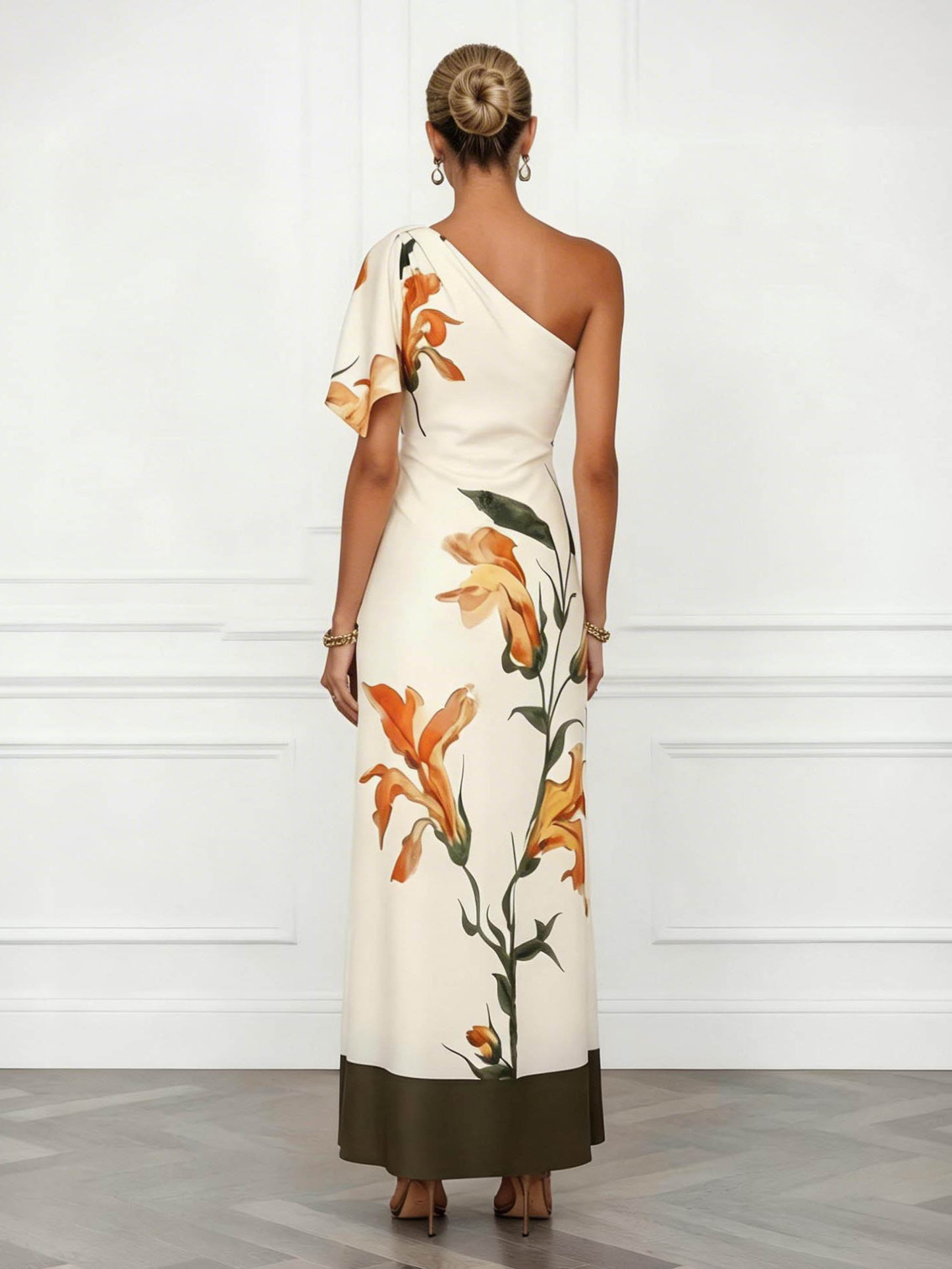Elegant One-Shoulder Botanical Print Maxi Dress