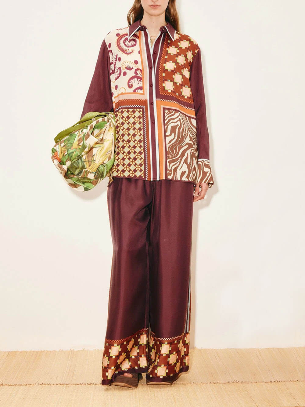 Unique Paisley Color-Block Satin Shirt And Elastic Waist Wide-Leg Pants Set