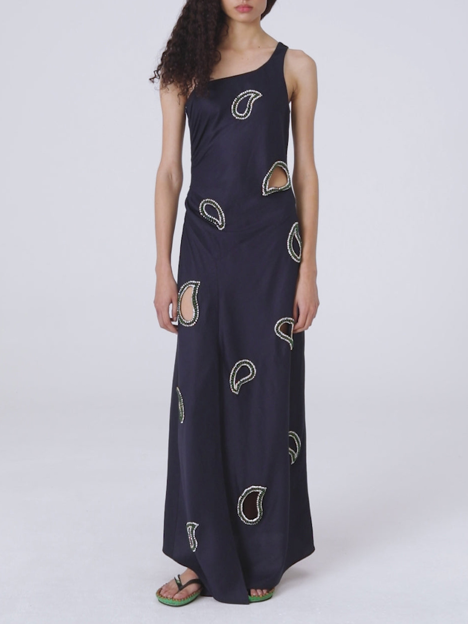 Paisley One-Shoulder Cutout Slit Maxi Dress